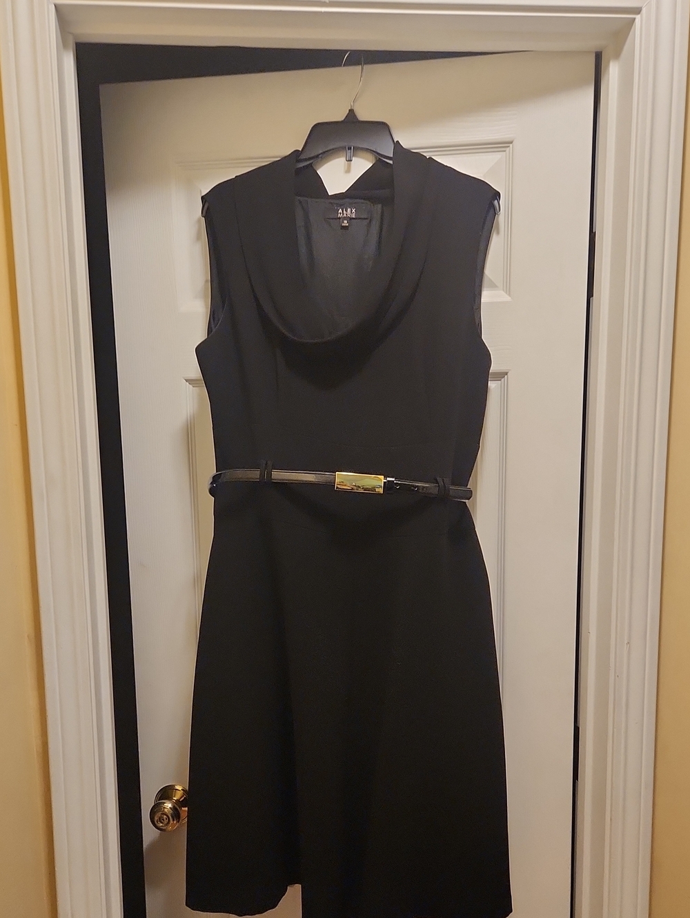 Alex Marie Black Sleeveless Asymmetrical Cowl-Neck Dress with Belt